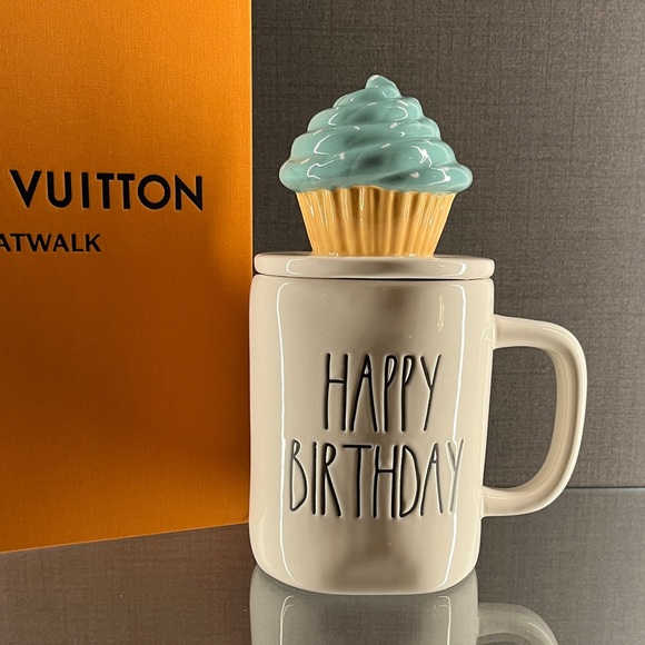 Rae Dunn by Magenta "Happy Birthday" ceramic mug light blue cupcake topper lid. - Picture 4 of 12